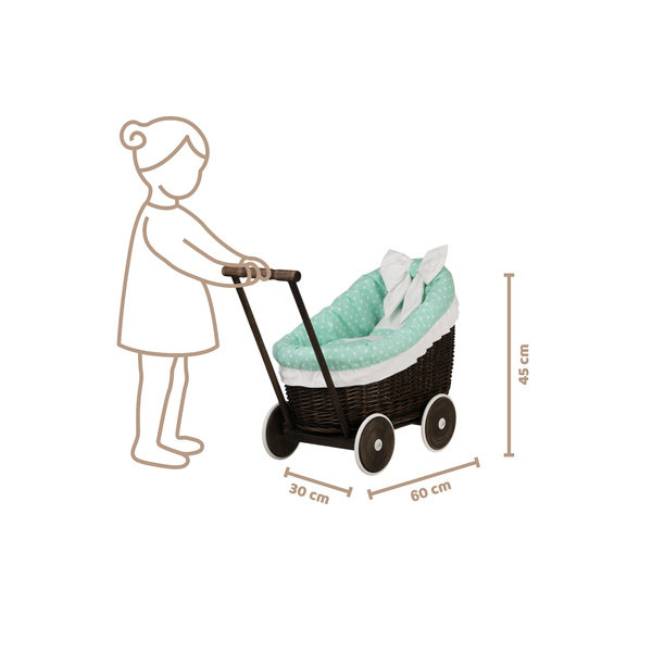 LUNA WÓZEK WIKLINOWY DLA LALEK Z OBSZYCIEM miętowym 60X30 H45 CM-uniwersalny