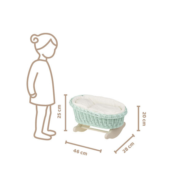 Bujane miętowe ŁÓŻECZKO KOŁYSKA Z WIKLINY DLA LALEK Z POŚCIELĄ 46X28 H 20/25 CM