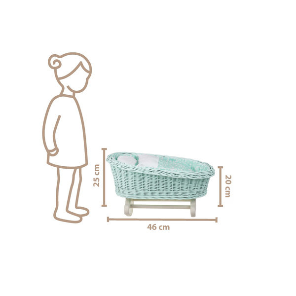 BUJANE miętowe ŁÓŻECZKO KOŁYSKA Z WIKLINY DLA LALEK Z POŚCIELĄ 46X28 H 20/25 CM