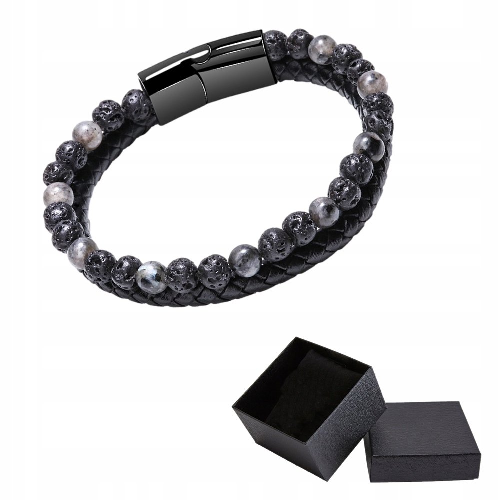 Bransoletka Męska Czarna Skóra Pleciona Kamień Naturalny Lawa Wulkaniczna