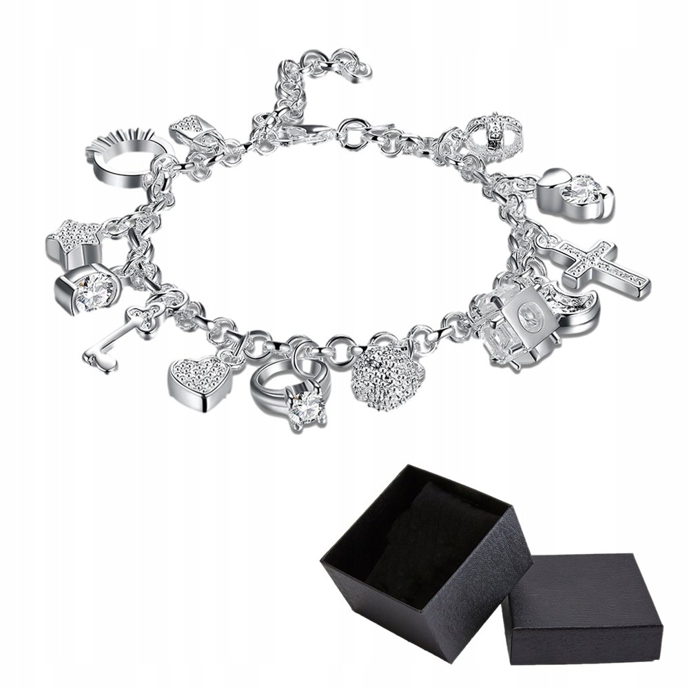 Bransoletka Damska Srebrna Łańcuszki 13 Zawieszek Charms 925 Kryształki