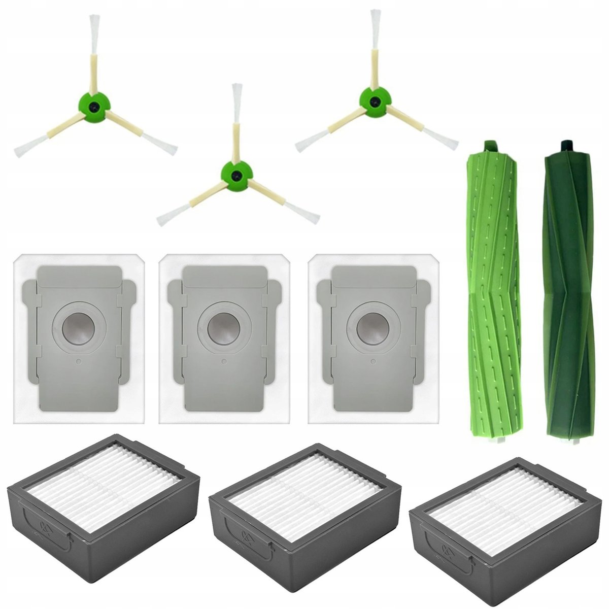Zestaw do iRoomba serii E / I / J, 3x worki, 3x filtry, 3x szczotki boczne (wraz z śrubkami), 2x wałki (szczotki główne)