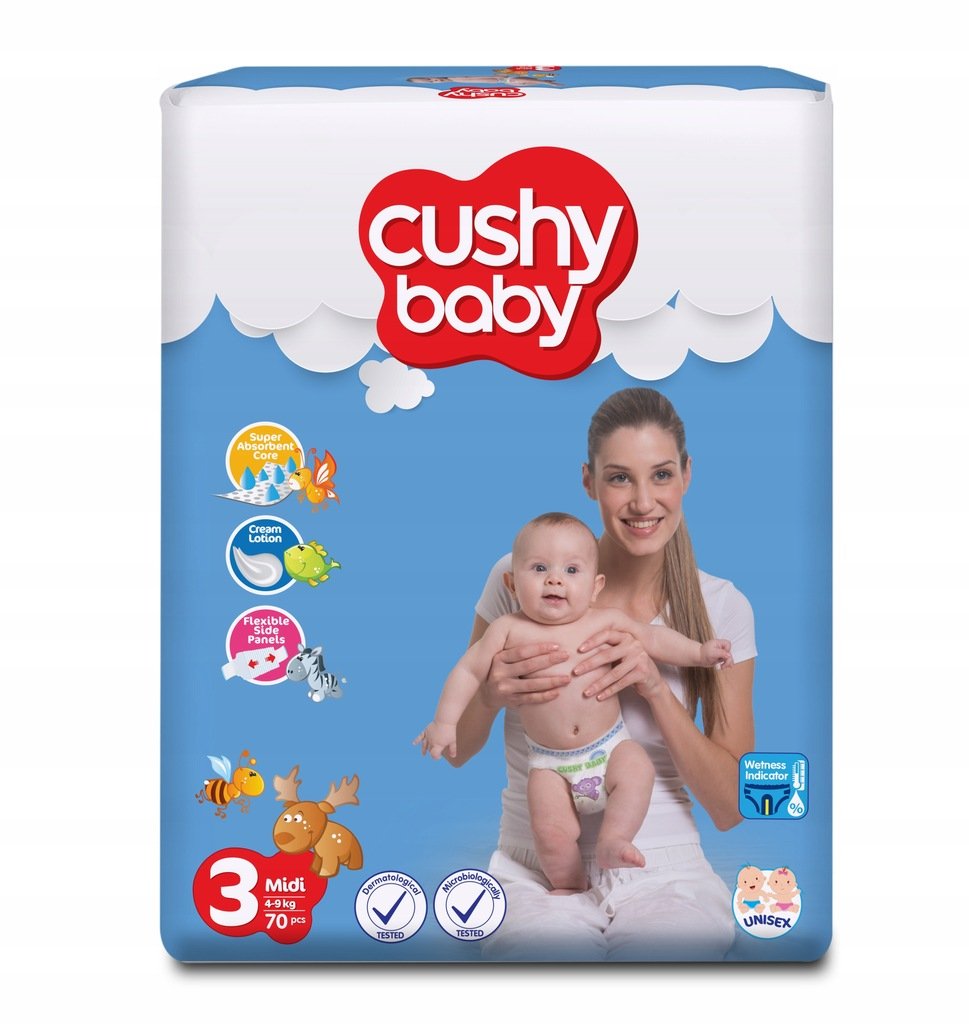 Pieluszki jednorazowe Cushy Baby rozmiar 3, 70 szt. - Korzystna cena!