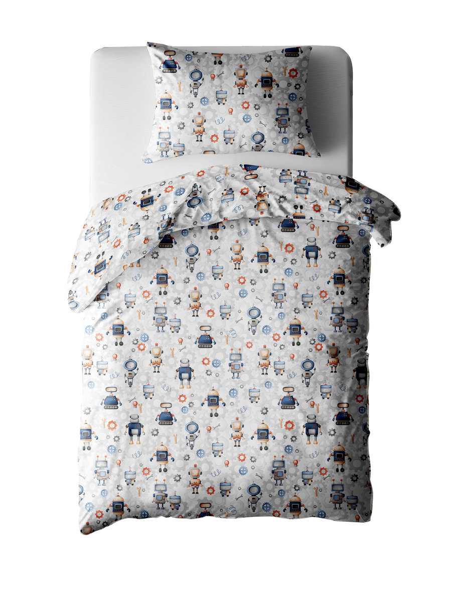 Pościel 2 elementowa JUNIOR 140x200 + 70x80 cm BAWEŁNA 100% dla młodzieży i dorosłych ROBOT