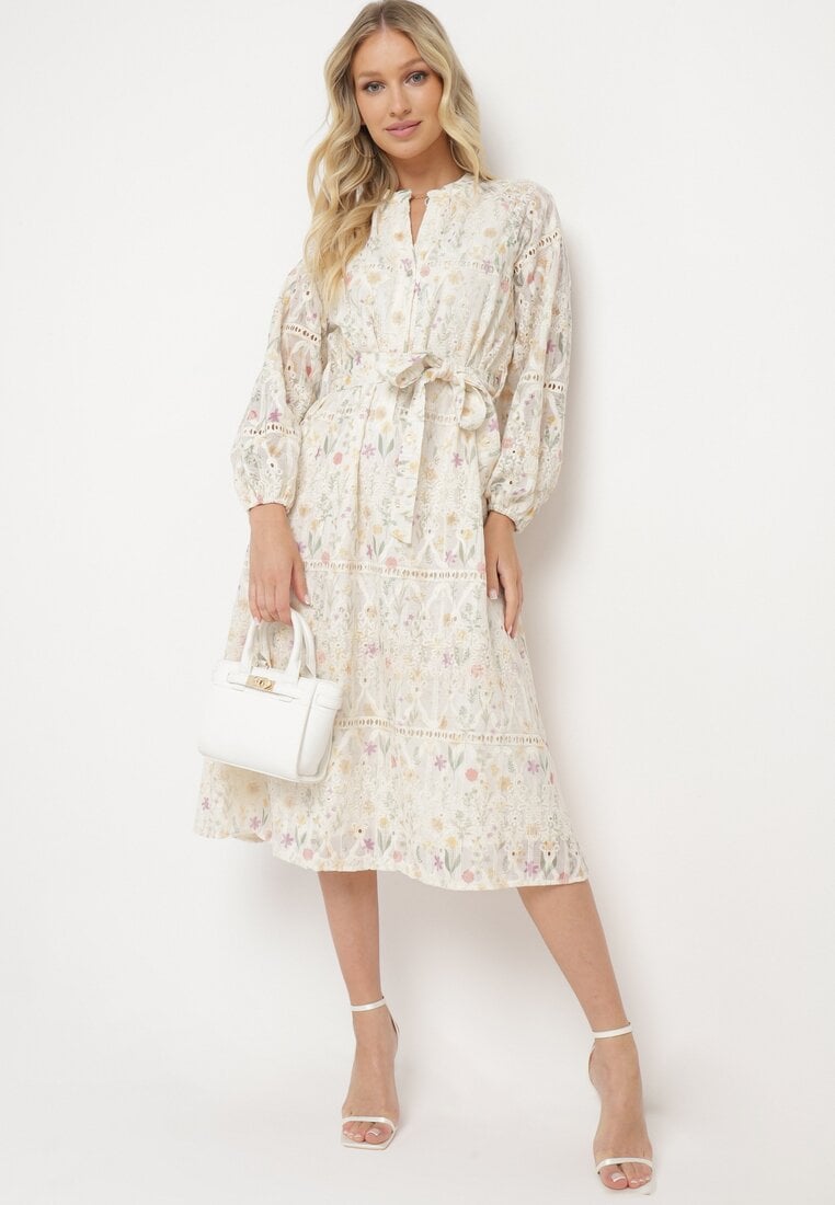 Beżowa Rozkloszowana Sukienka w Kwiaty z Paskiem w Talii Dimtia