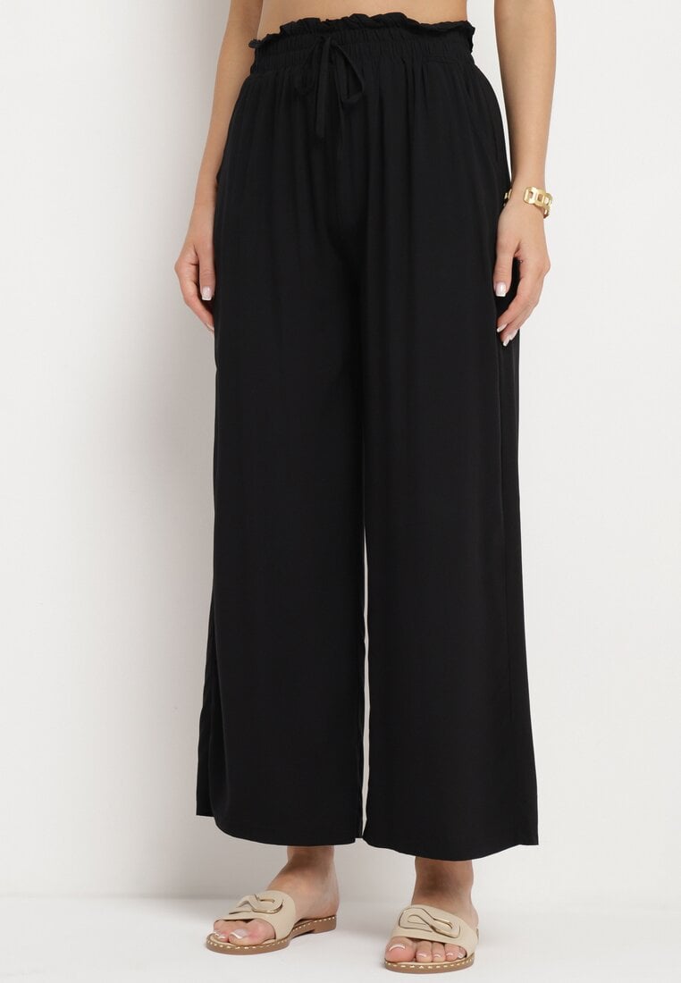 Czarne Szerokie Bawełniane Spodnie Palazzo z Wysokim Stanem i Elastyczną Gumką w Pasie Nelonia