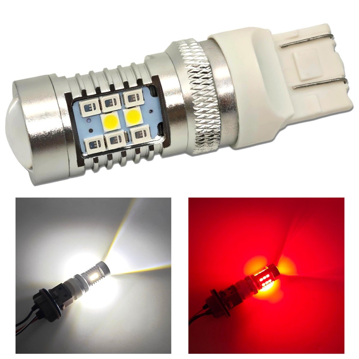 W21/5W LED żarówka 7443 12V CANBUS biało-czerwona, dwukolorowa 100% canbus