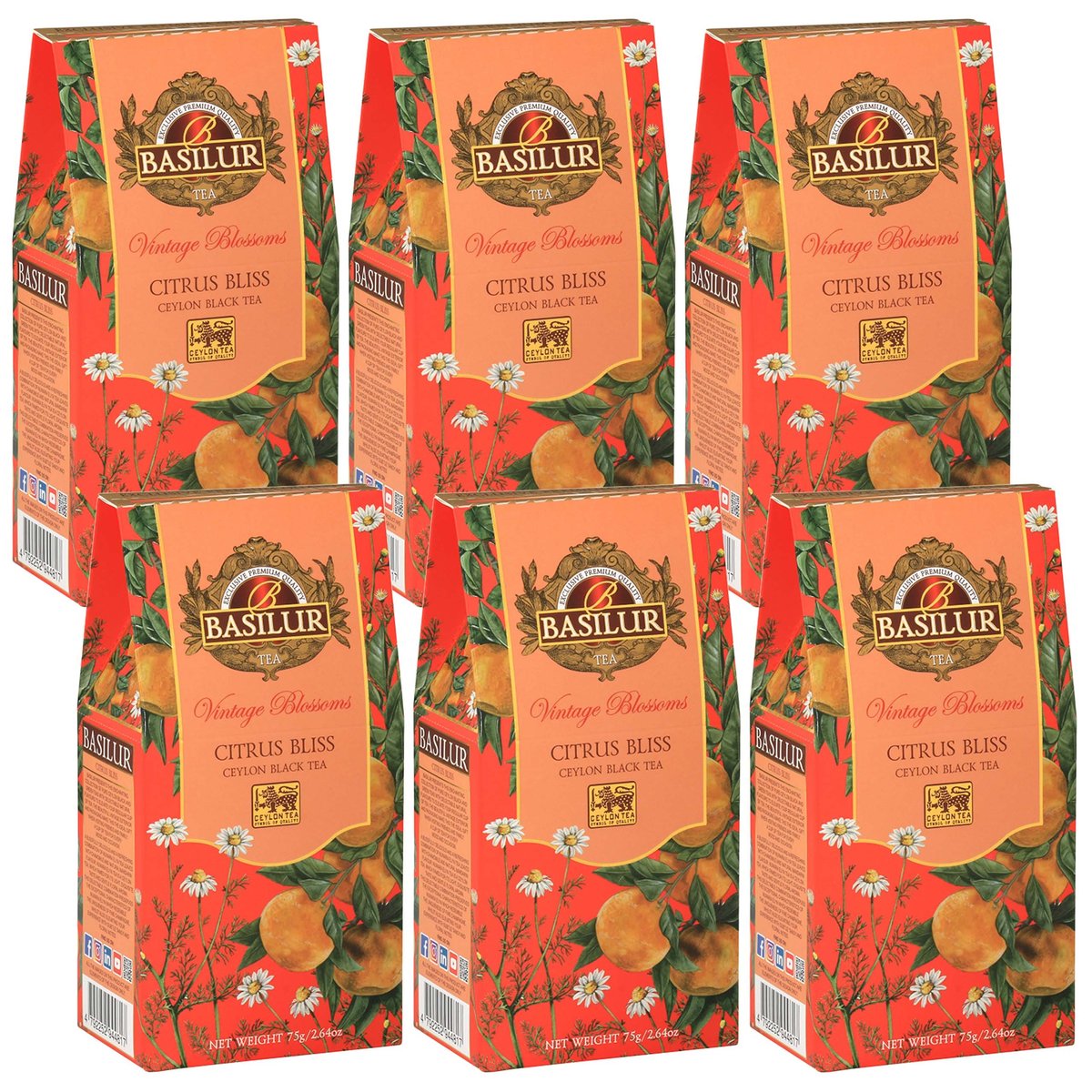 BASILUR VINTAGE BLOSSOMS - Citrus Bliss Czarna herbata liściasta z dodatkiem kwiatów rumianku i aromatu mandarynki 75 g x6