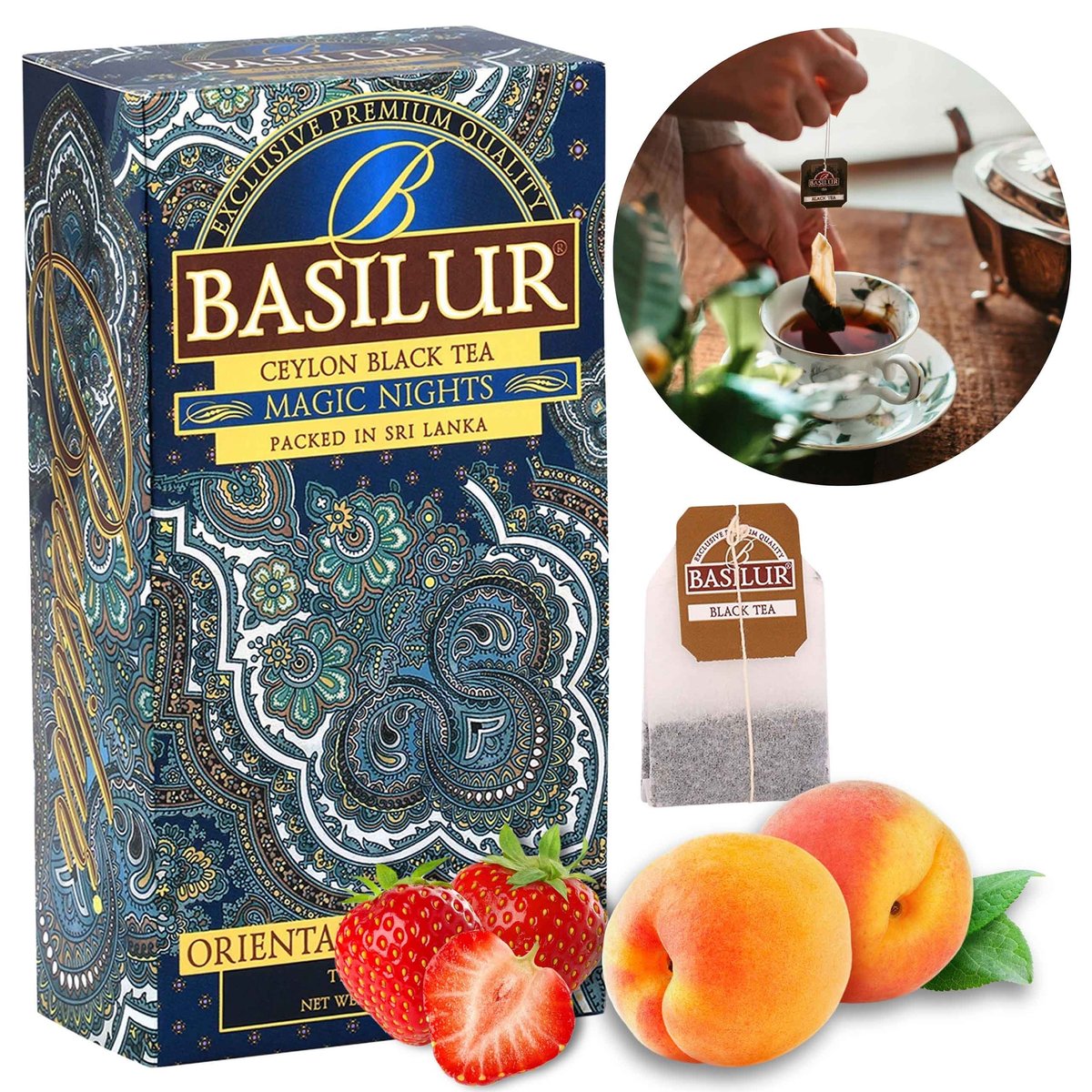 BASILUR Magic Nights Czarna herbata cejlońska z dodatkiem aromatu truskawki, moreli, ananasa i papai, w saszetkach 25 x 2 g x1