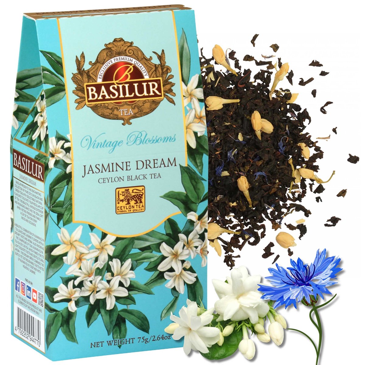 BASILUR VINTAGE BLOSSOMS - Jasmine Dream Czarna herbata liściasta z dodatkiem kwiatów jaśminu oraz chabru 75 g