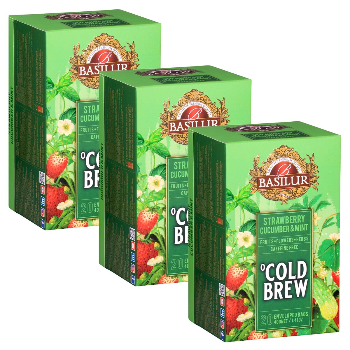 BASILUR Cold Brew - Owocowa herbata bezkofeinowa z aromatem truskawki, ogórka i mięty, herbata na zimno w saszetkach 20 x 2 g x3