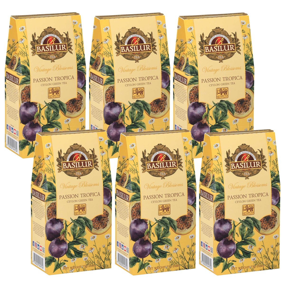 BASILUR VINTAGE BLOSSOMS - Passion Tropica Zielona herbata liściasta z dodatkiem kwiatów rumianku oraz aromatu marakui 75 g x6