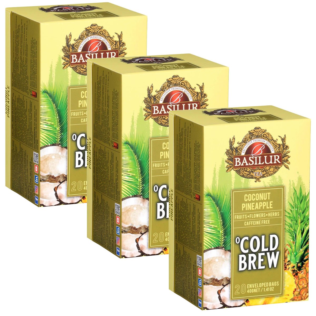 BASILUR Cold Brew - Owocowa herbata bezkofeinowa z aromatem kokosa i ananasa, herbata na zimno w saszetkach 20 x 2 g x3