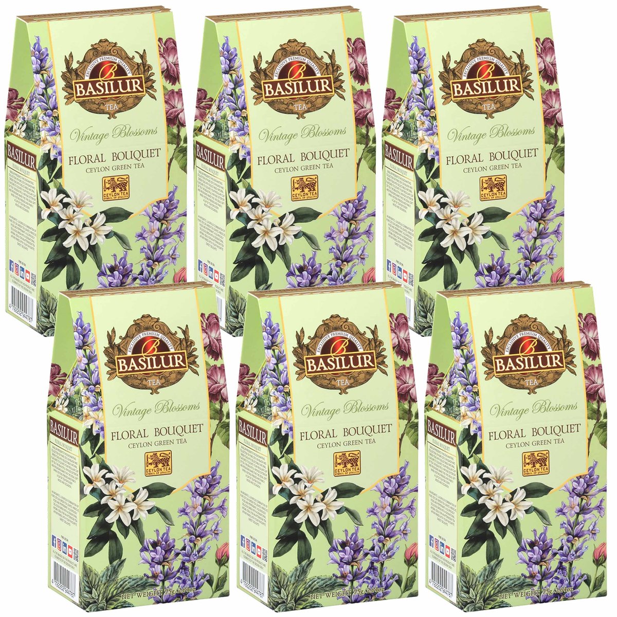 BASILUR VINTAGE BLOSSOMS -Floral Bouquet Zielona herbata liściasta z kwiatowymi nutami i dodatkiem hibiskusa 75 g x6