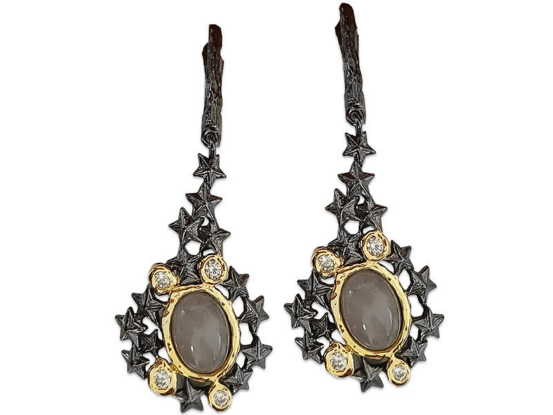 Kolczyki z czarnego srebra 925 wiszące ażurowe gwiazdki z kamieniem księżycowym i cyrkoniami