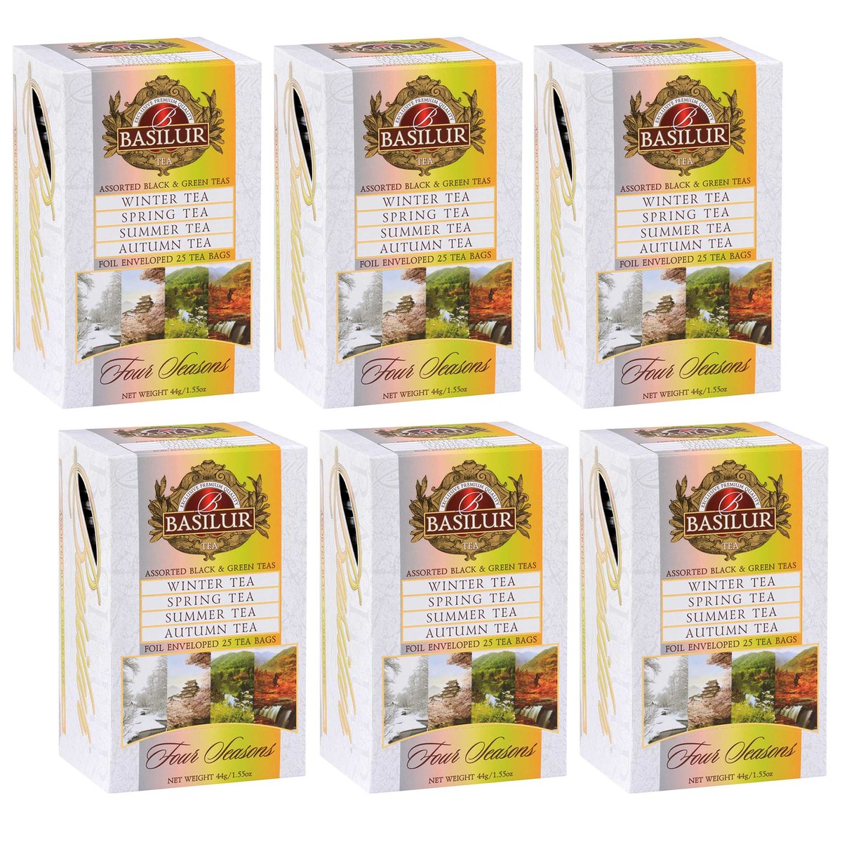 BASILUR Four Seasons - Zielona i czarna herbata owocowa, w saszetkach 25 x 2 g/1,5 g x6