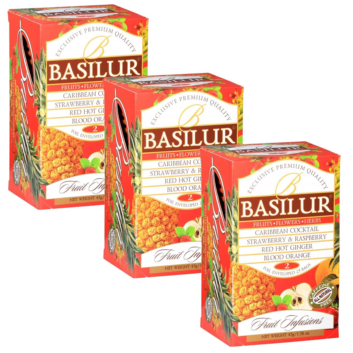 BASILUR Fruit Infusions - Owocowa herbata bezkofeinowa, 4 smaki w saszetkach 25 x 1,8 g x3