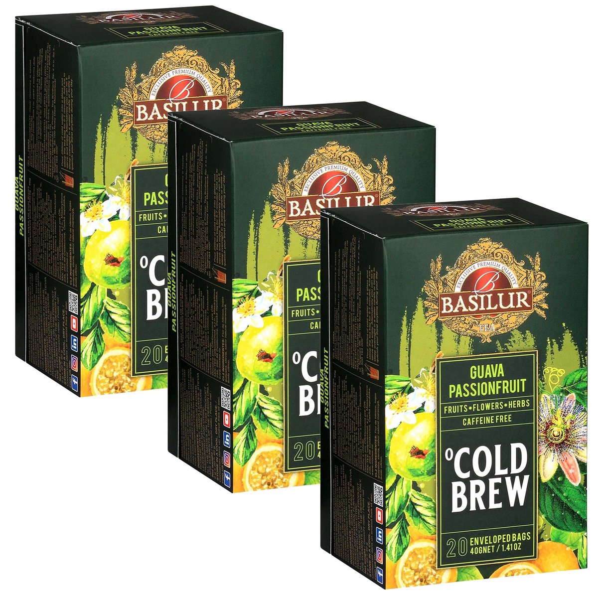 BASILUR Cold Brew - Owocowa herbata bezkofeinowa z aromatem marakui i cytrusów, herbata na zimno w saszetkach 20 x 2 g x3