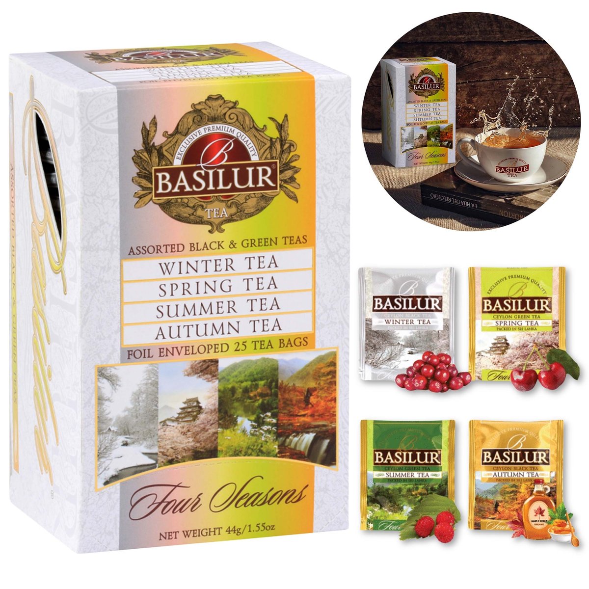 BASILUR Four Seasons - Zielona i czarna herbata owocowa, w saszetkach 25 x 2 g/1,5 g x1