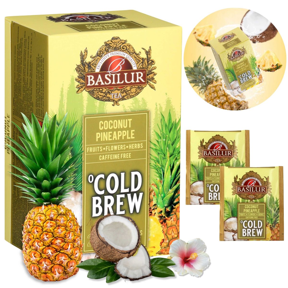 BASILUR Cold Brew - Owocowa herbata bezkofeinowa z aromatem kokosa i ananasa, herbata na zimno w saszetkach 20 x 2 g x1