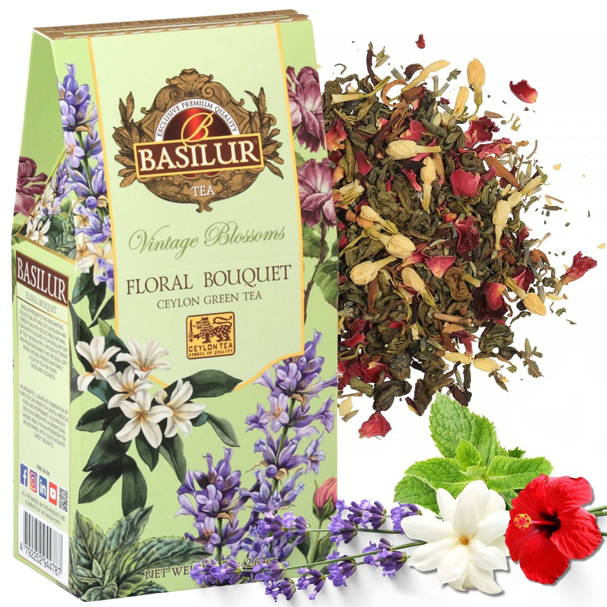 BASILUR VINTAGE BLOSSOMS -Floral Bouquet Zielona herbata liściasta z kwiatowymi nutami i dodatkiem hibiskusa 75 g x1