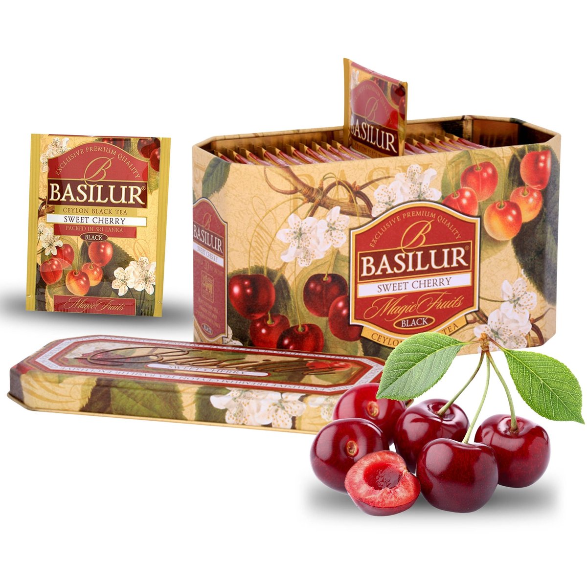 BASILUR SWEET CHERRY czarna herbata cejlońska w saszetkach, w ozdobnej puszce 20x2 g x1