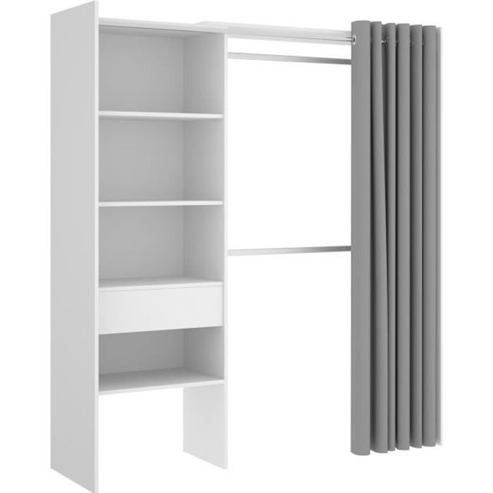 Rozsuwana garderoba z zasłoną + 1 szuflada - Dekor biały - dł. 160-113 x gł. 50 x wys. 205 cm - KONTYNUACJA