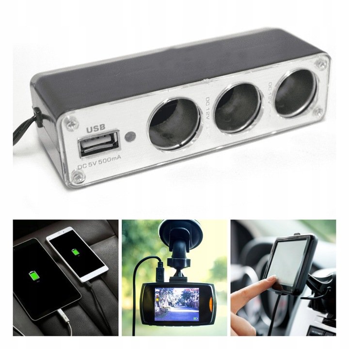 MOCNY ROZDZIELACZ GNIAZDA ZAPALNICZKI SAMOCHODOWEJ ŁADOWARKA ADAPTER 3XGNIAZDO 1XUSB 12V KING