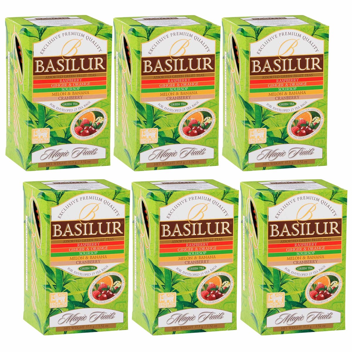 BASILUR Fruit Infusions - Zielona herbata owocowa, 5 smaków w saszetkach 25 x 1,5 g x6