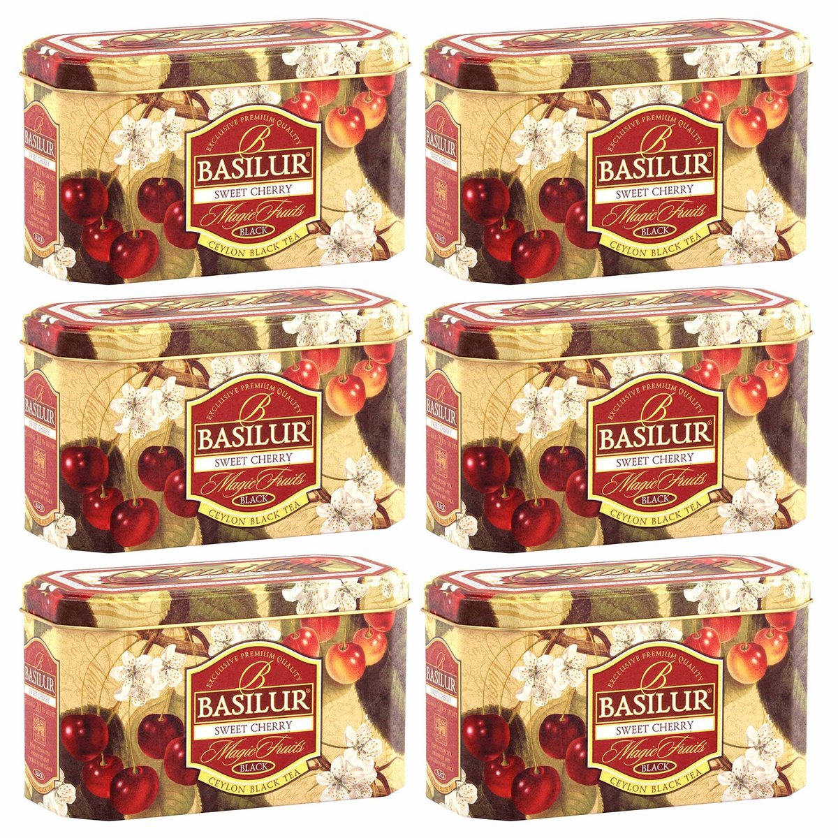 BASILUR SWEET CHERRY czarna herbata cejlońska w saszetkach, w ozdobnej puszce 20x2 g x6
