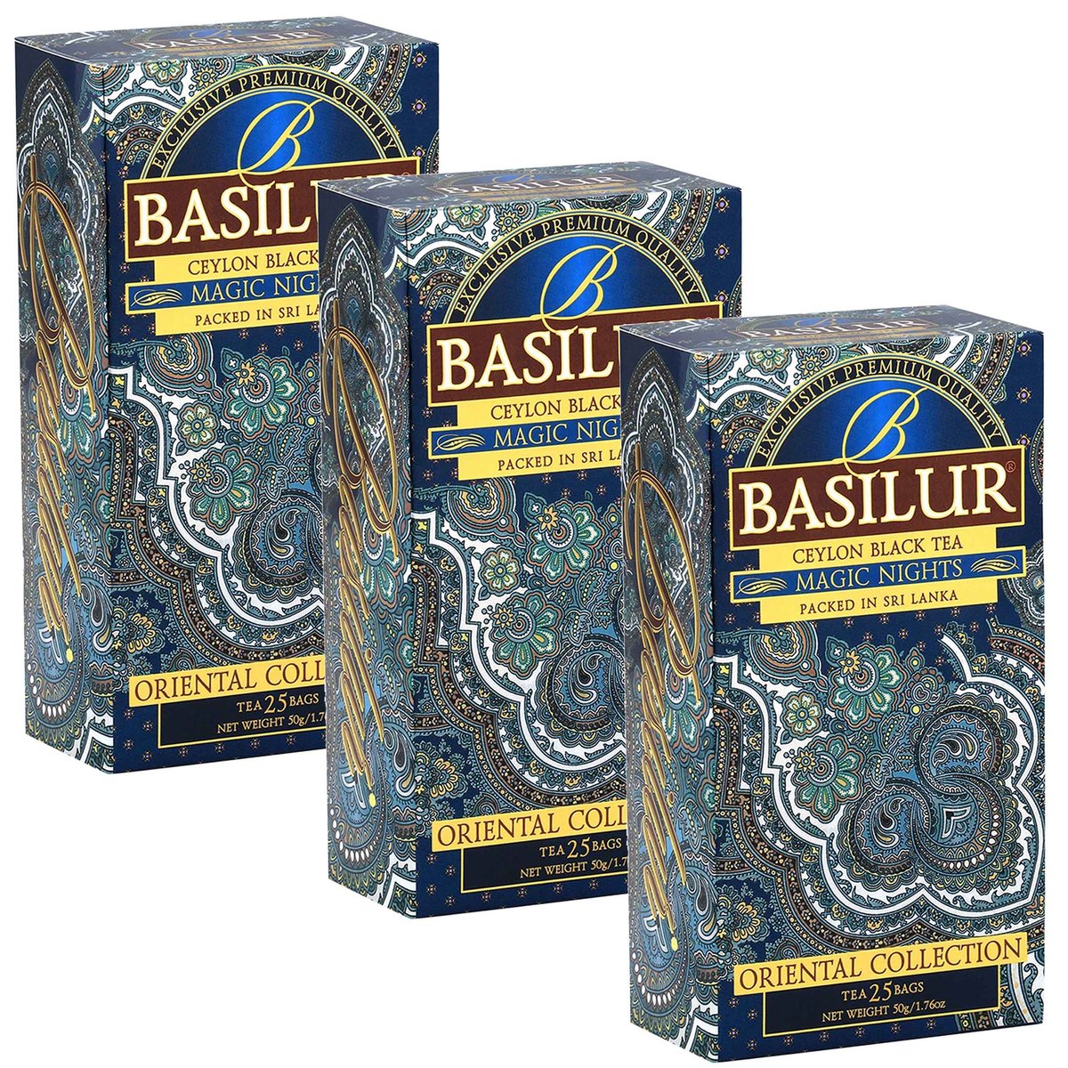 BASILUR Magic Nights Czarna herbata cejlońska z dodatkiem aromatu truskawki, moreli, ananasa i papai, w saszetkach 25 x 2 g x3