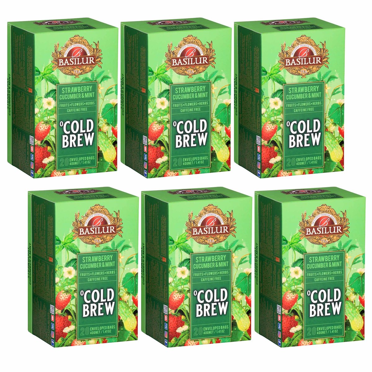 BASILUR Cold Brew - Owocowa herbata bezkofeinowa z aromatem truskawki, ogórka i mięty, herbata na zimno w saszetkach 20 x 2 g x6