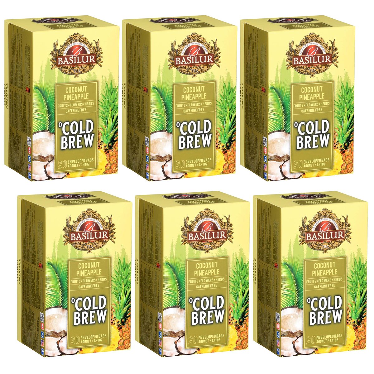 BASILUR Cold Brew - Owocowa herbata bezkofeinowa z aromatem kokosa i ananasa, herbata na zimno w saszetkach 20 x 2 g x6