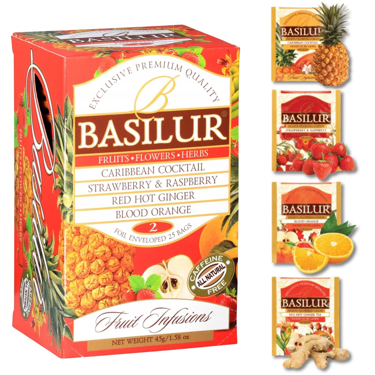 BASILUR Fruit Infusions - Owocowa herbata bezkofeinowa, 4 smaki w saszetkach 25 x 1,8 g x1