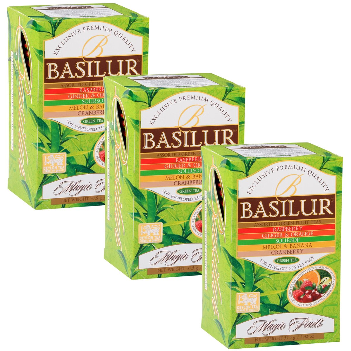 BASILUR Fruit Infusions - Zielona herbata owocowa, 5 smaków w saszetkach 25 x 1,5 g x3