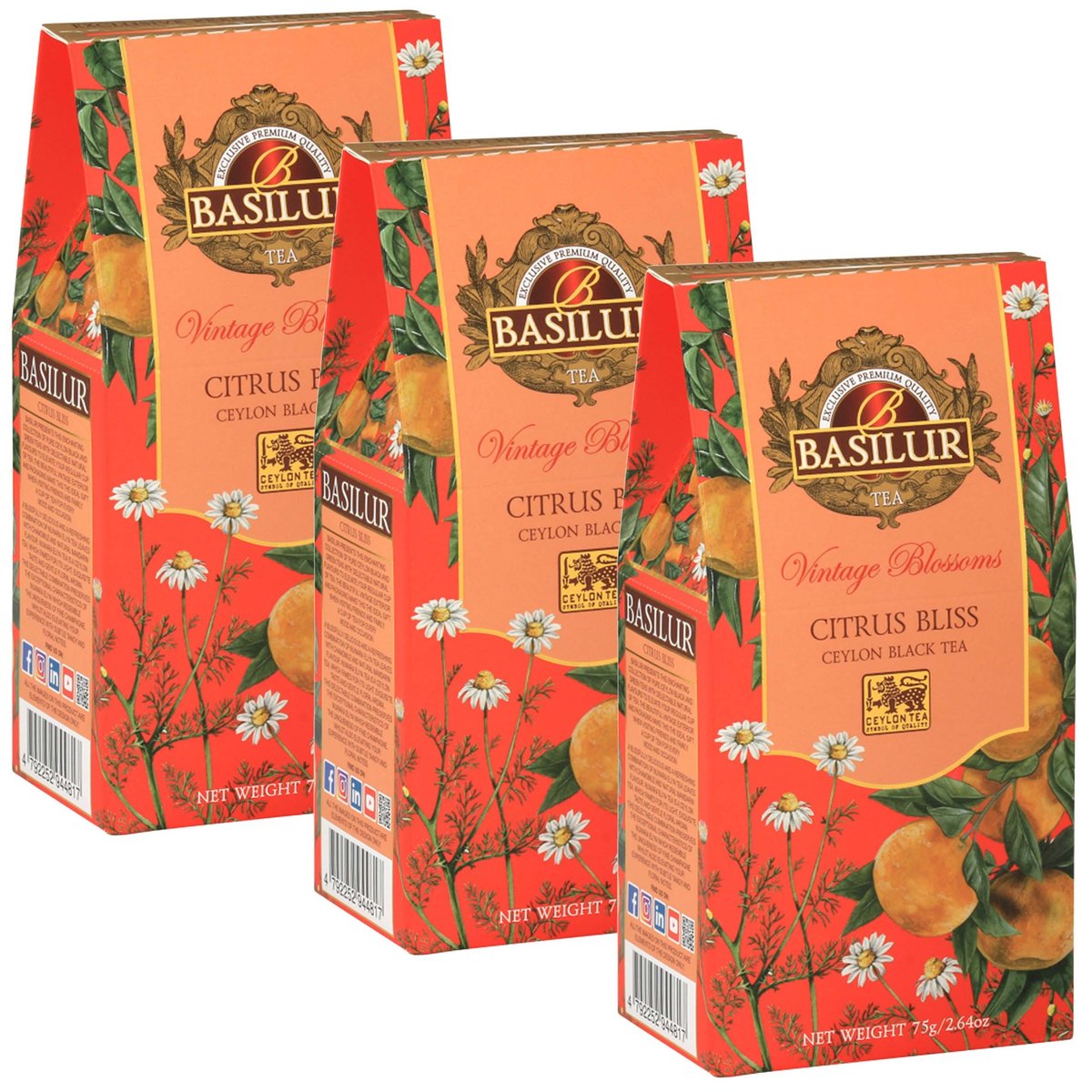 BASILUR VINTAGE BLOSSOMS - Citrus Bliss Czarna herbata liściasta z dodatkiem kwiatów rumianku i aromatu mandarynki 75 g x3
