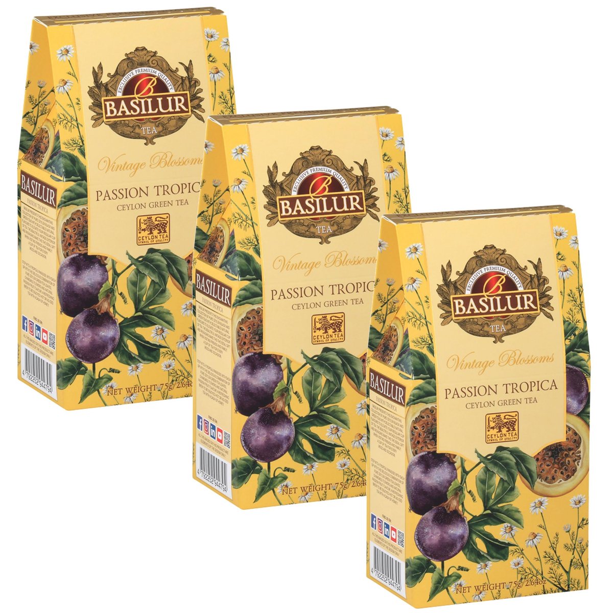 BASILUR VINTAGE BLOSSOMS - Passion Tropica Zielona herbata liściasta z dodatkiem kwiatów rumianku oraz aromatu marakui 75 g x3