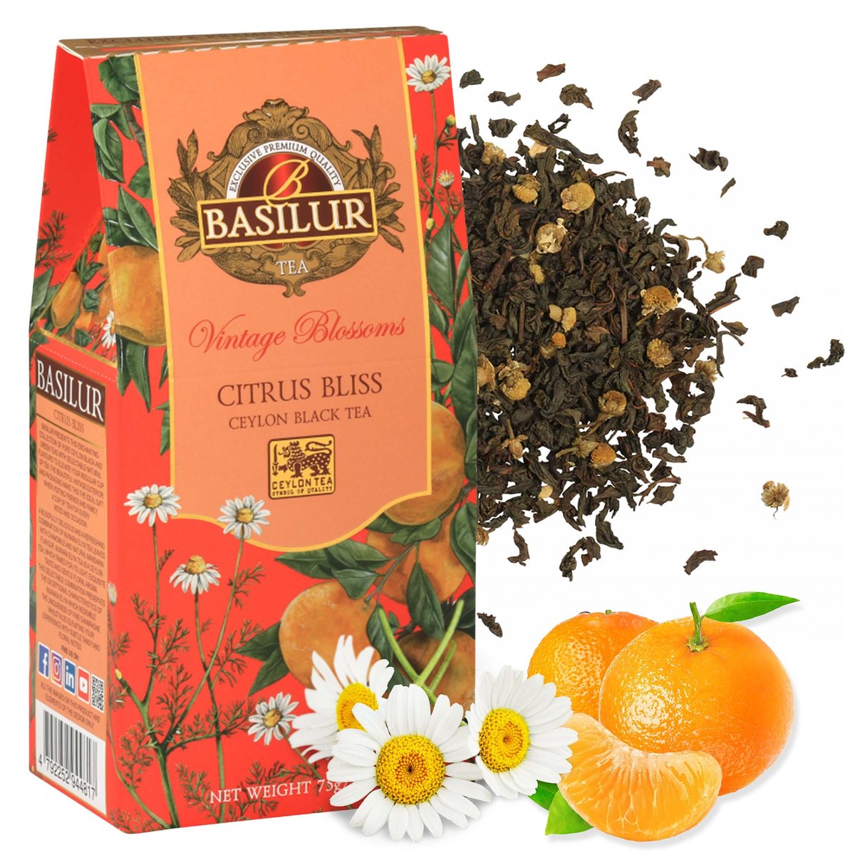 BASILUR VINTAGE BLOSSOMS - Citrus Bliss Czarna herbata liściasta z dodatkiem kwiatów rumianku i aromatu mandarynki 75 g x1