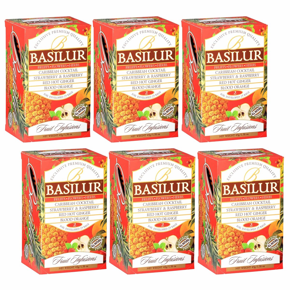 BASILUR Fruit Infusions - Owocowa herbata bezkofeinowa, 4 smaki w saszetkach 25 x 1,8 g x6