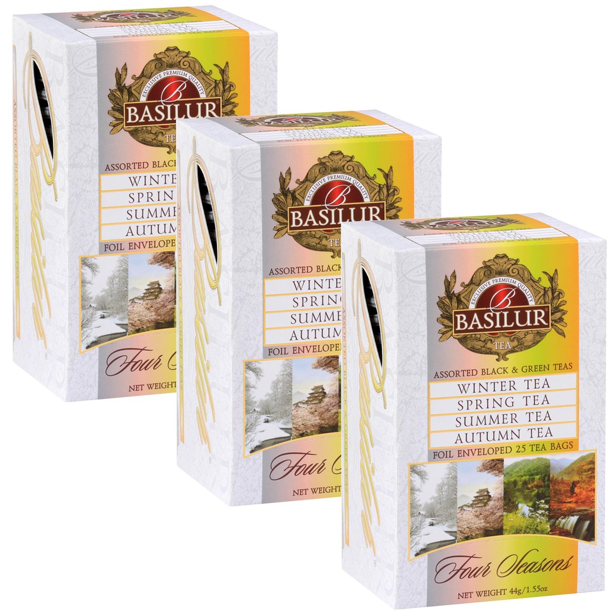 BASILUR Four Seasons - Zielona i czarna herbata owocowa, w saszetkach 25 x 2 g/1,5 g x3