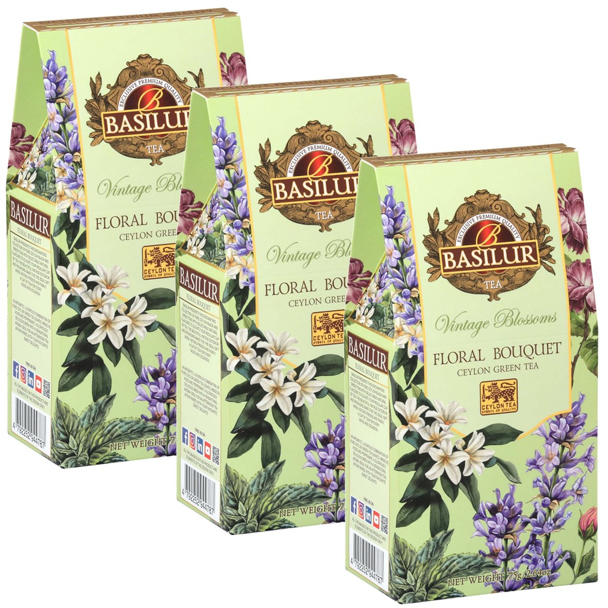 BASILUR VINTAGE BLOSSOMS -Floral Bouquet Zielona herbata liściasta z kwiatowymi nutami i dodatkiem hibiskusa 75 g x3