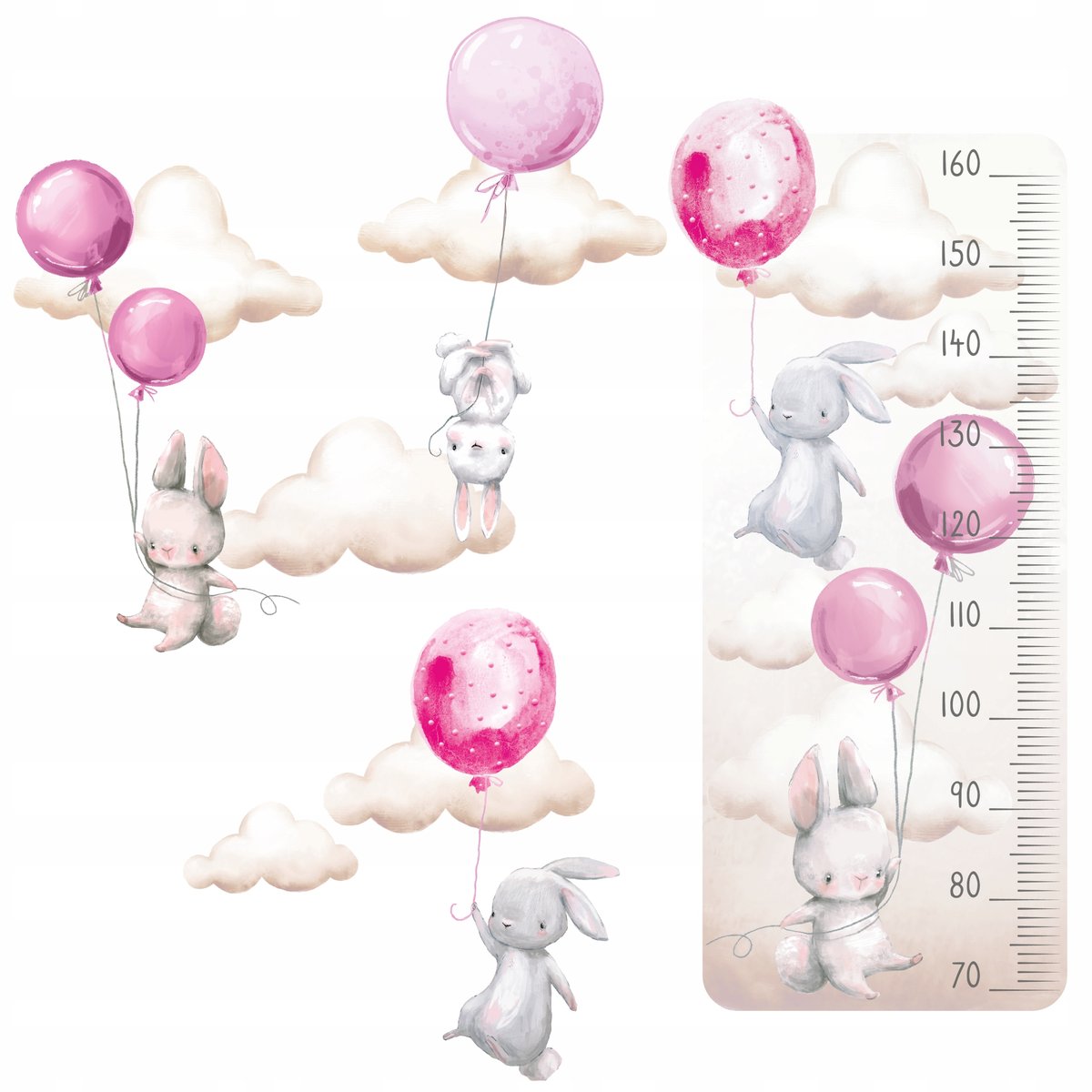 naklejki na ścianę + miarka wzrostu dla dzieci KRÓLICZKI różowe balony
