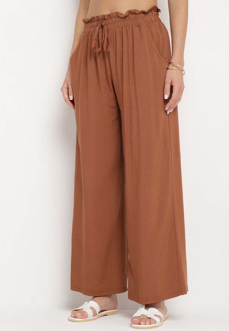 Brązowe Bawełniane Szerokie Spodnie z Gumką w Pasie i Wysokim Stanem Besea