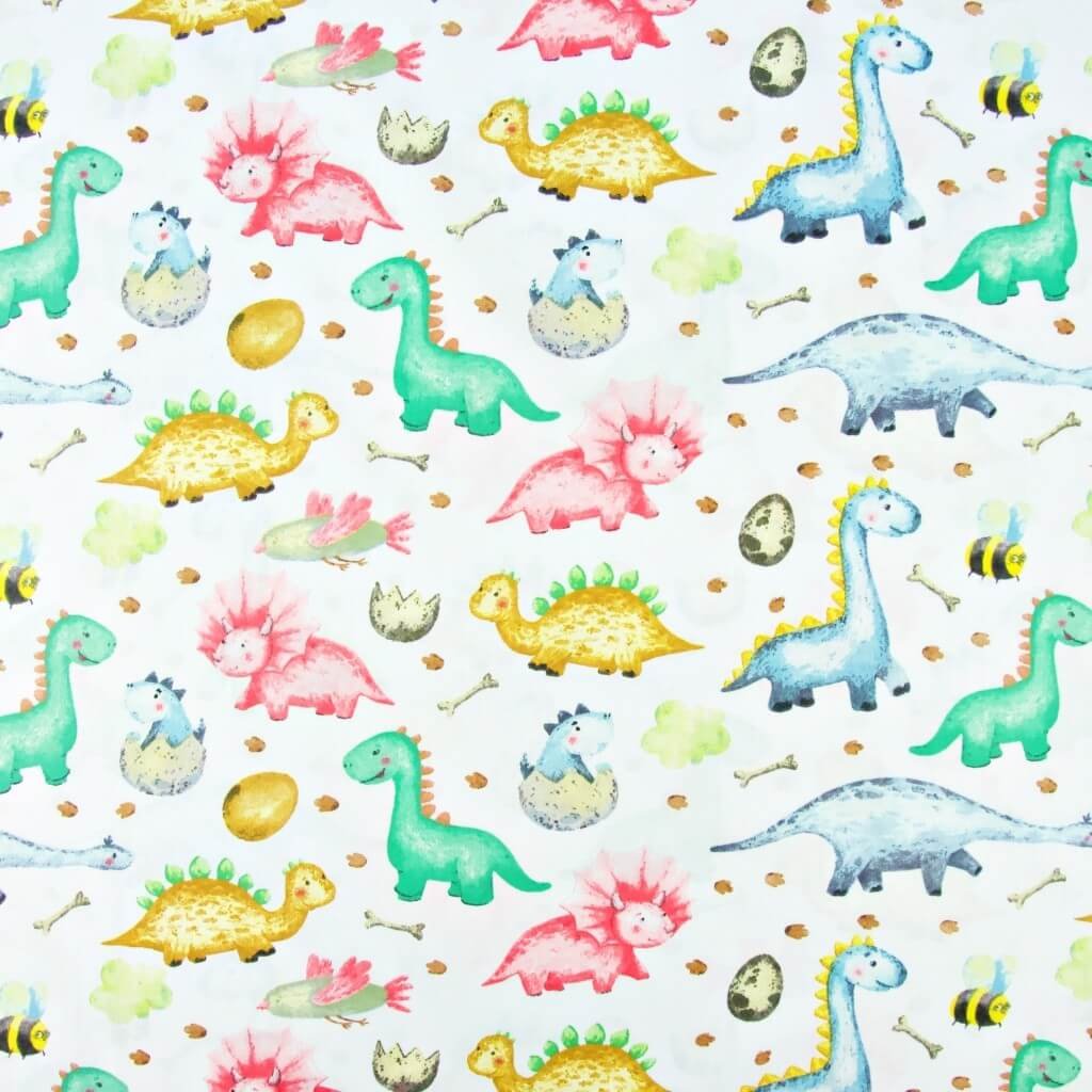 Tkanina bawełniana Dinozaury baby kolorowe na białym tle