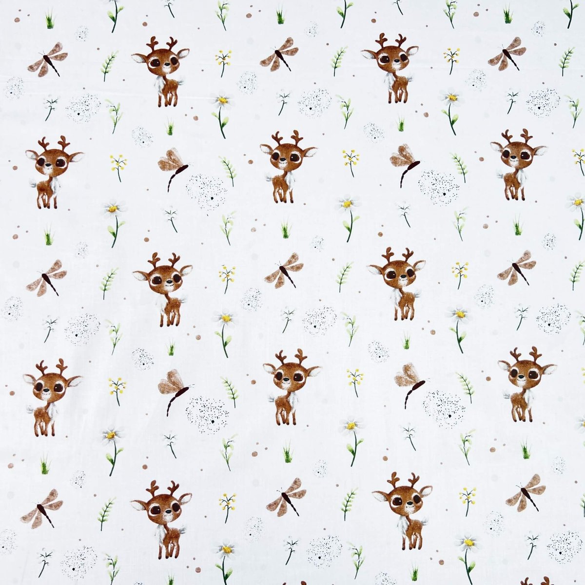 Tkanina bawełniana reniferki z rumiankami na białym tle