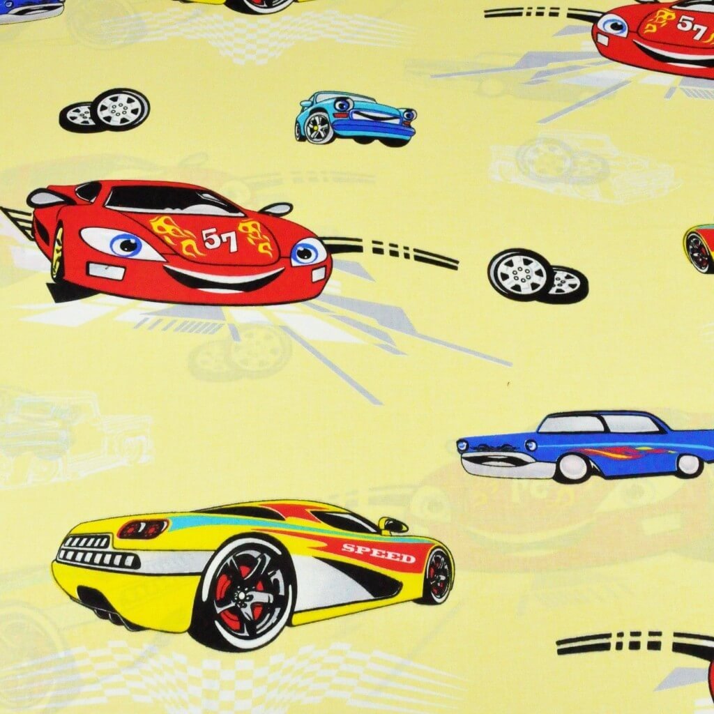 Tkanina bawełniana pojazdy samochody rajdowe na żółtym tle