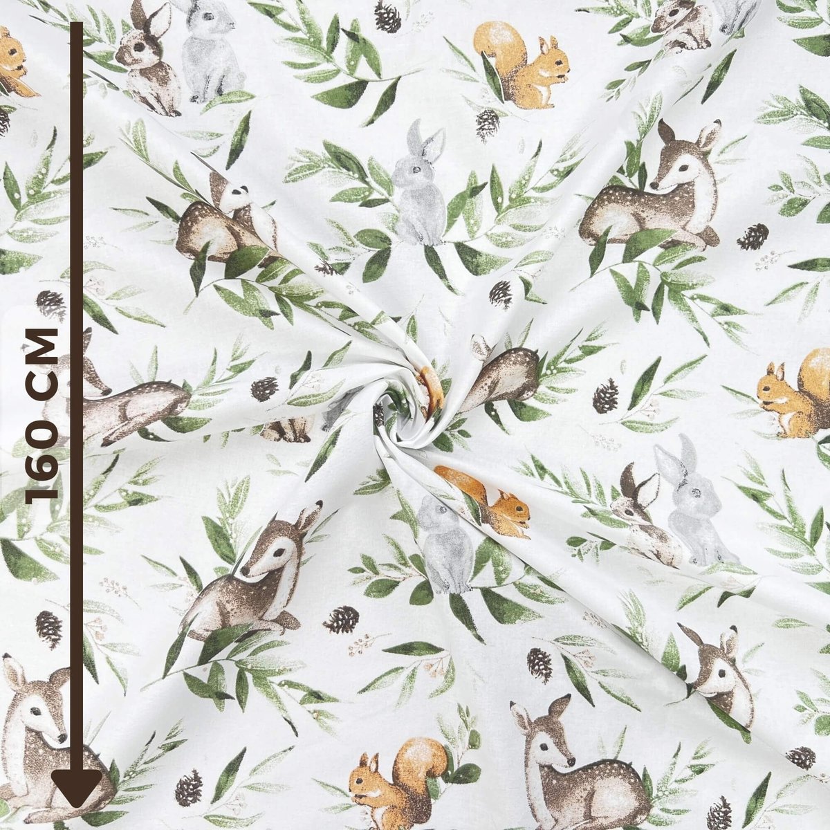 Tkanina bawełniana sarenki z króliczkami i zielonymi listkami na białym tle