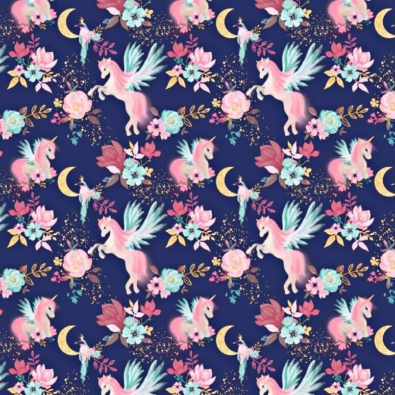 Tkanina bawełniana jednorożce różowe z kolibrami na granatowym tle