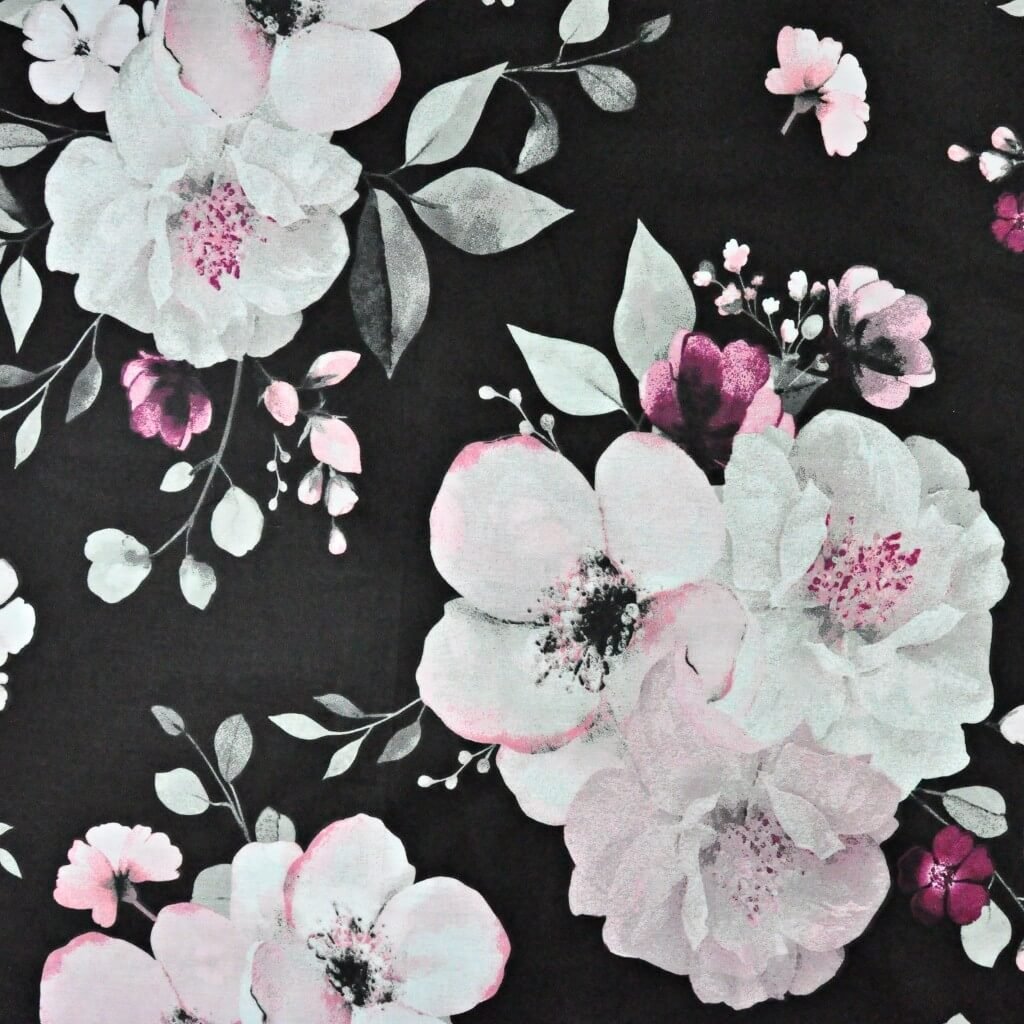 Tkanina bawełniana kwiaty jabłoni duże różowo białe na czarnym tle - 220cm