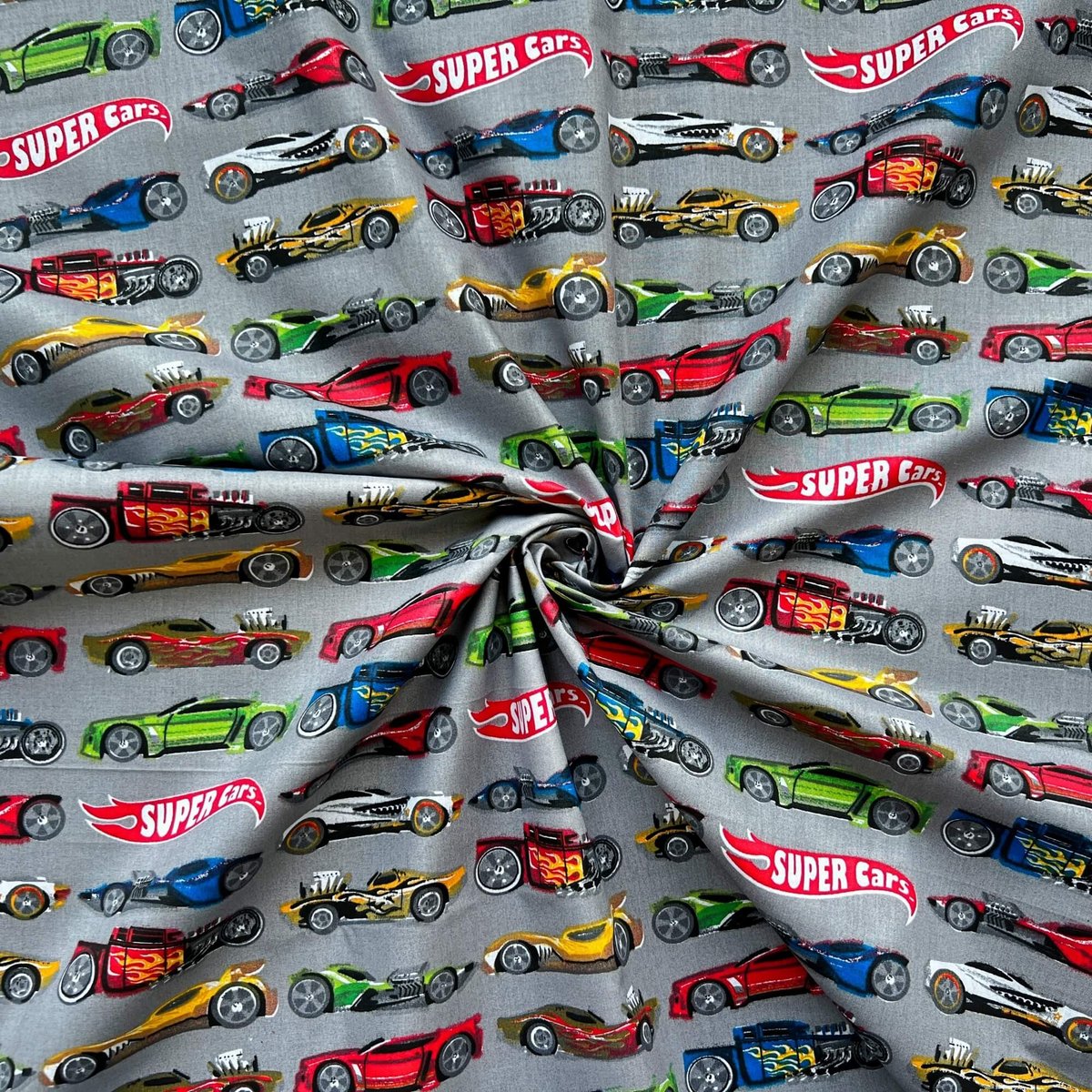 Tkanina bawełniana samochody Super Cars na szarym tle